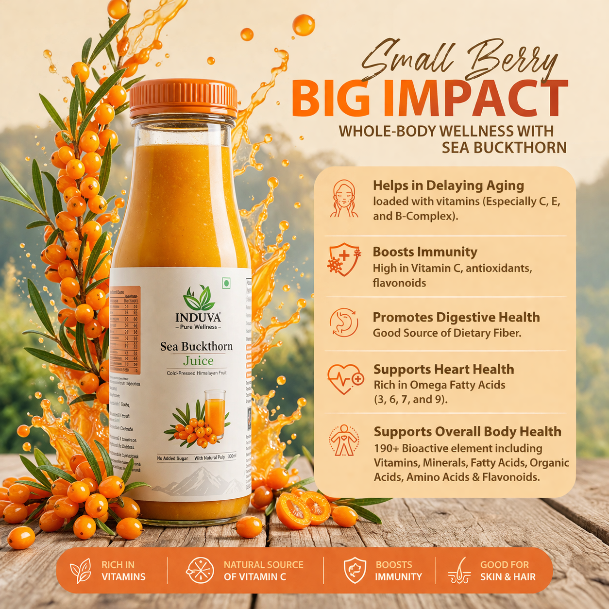INDUVA™ Pure Himalayan Sea Buckthorn Juice | Cold-Pressed Superfruit (Rich in Omega 3, 6, 7, 9 & Vitamin C)