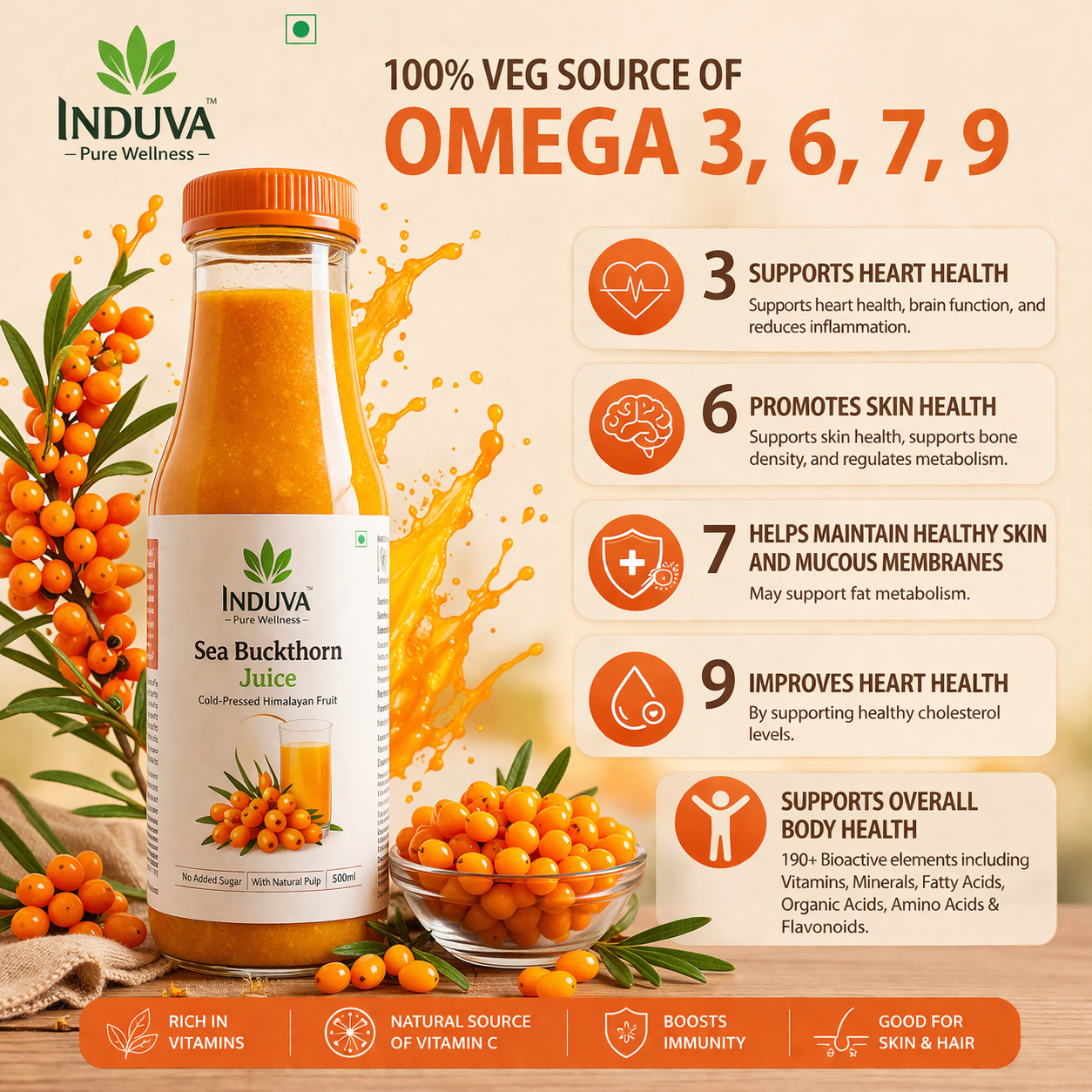 INDUVA™ Pure Himalayan Sea Buckthorn Juice | Cold-Pressed Superfruit (Rich in Omega 3, 6, 7, 9 & Vitamin C)
