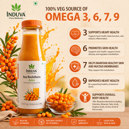 INDUVA™ Pure Himalayan Sea Buckthorn Juice | Cold-Pressed Superfruit (Rich in Omega 3, 6, 7, 9 & Vitamin C)