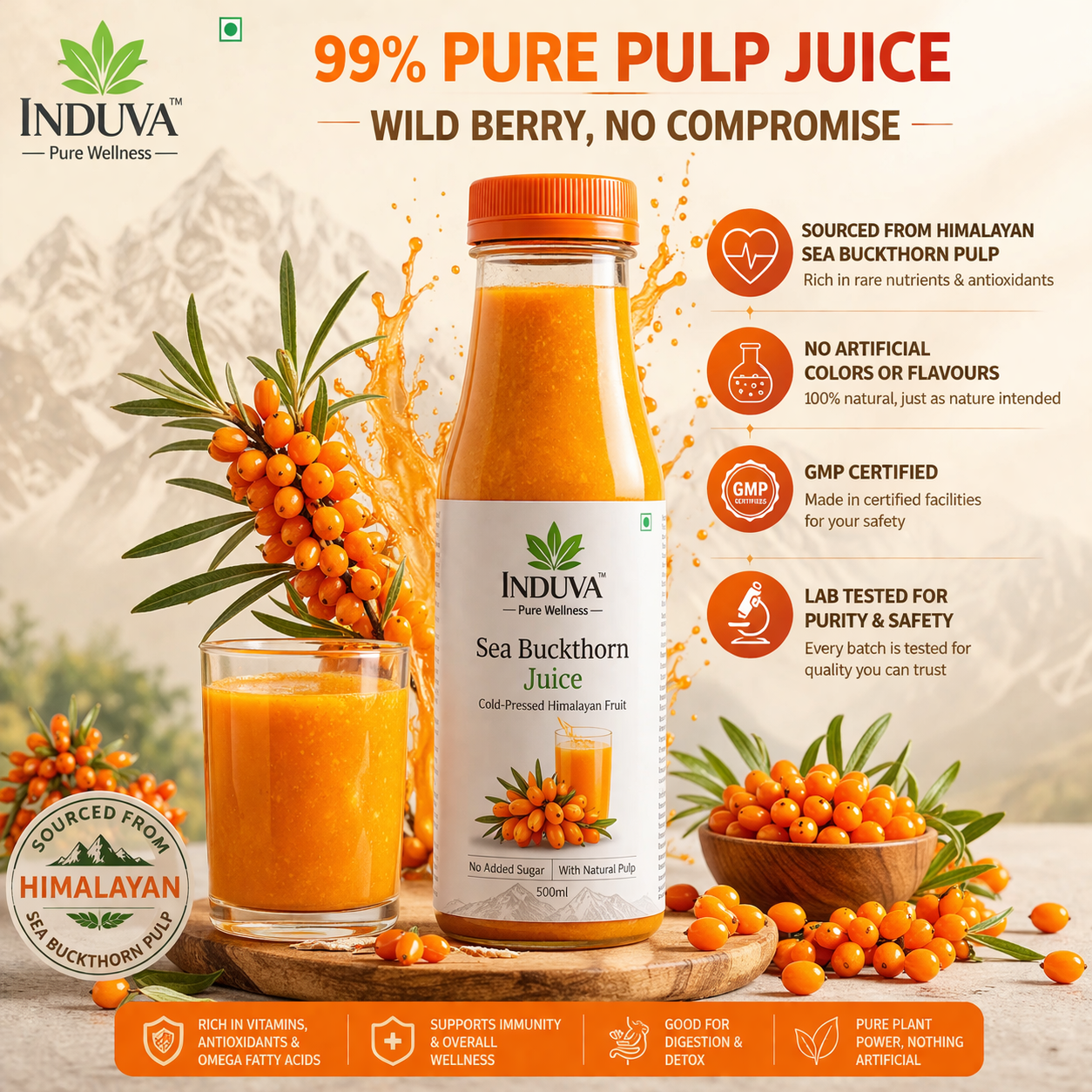INDUVA™ Pure Himalayan Sea Buckthorn Juice | Cold-Pressed Superfruit (Rich in Omega 3, 6, 7, 9 & Vitamin C)