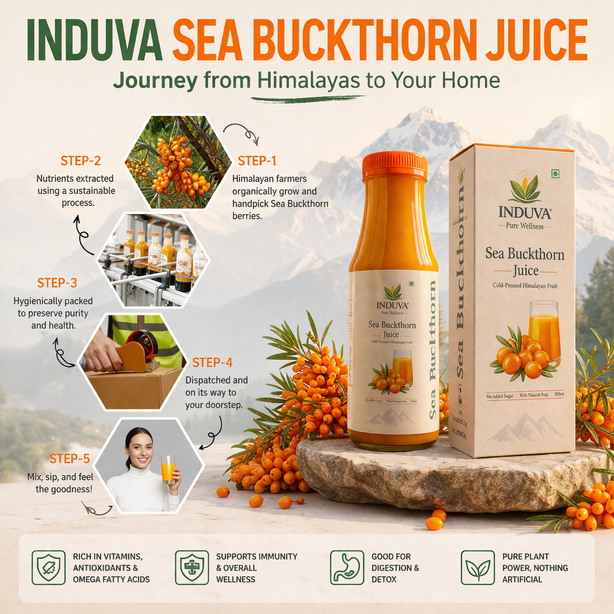 INDUVA™ Pure Himalayan Sea Buckthorn Juice | Cold-Pressed Superfruit (Rich in Omega 3, 6, 7, 9 & Vitamin C)