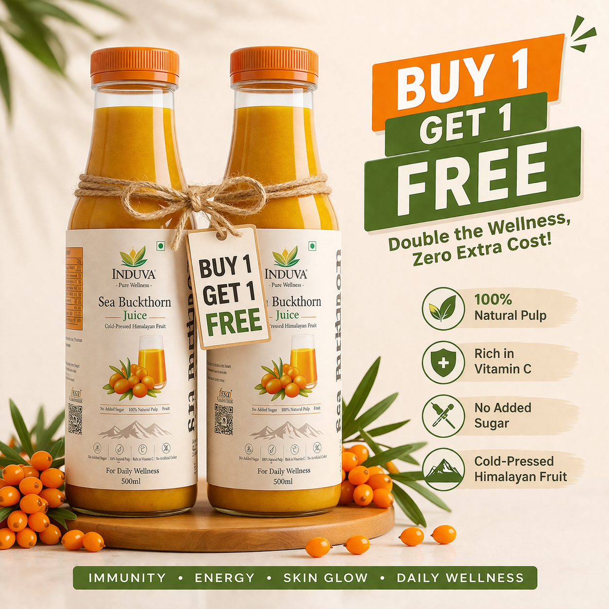 INDUVA™ Pure Himalayan Sea Buckthorn Juice | Cold-Pressed Superfruit (Rich in Omega 3, 6, 7, 9 & Vitamin C)