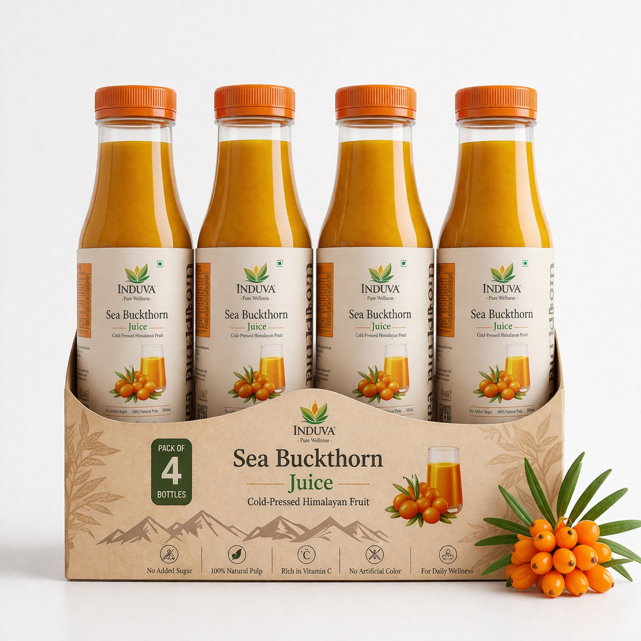 INDUVA™ Pure Himalayan Sea Buckthorn Juice | Cold-Pressed Superfruit (Rich in Omega 3, 6, 7, 9 & Vitamin C)