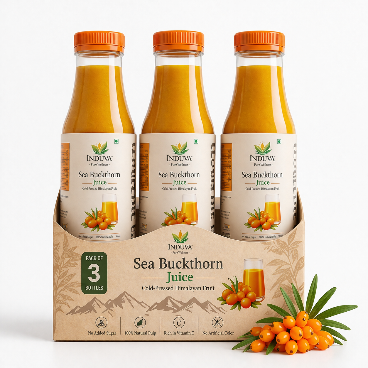 INDUVA™ Pure Himalayan Sea Buckthorn Juice | Cold-Pressed Superfruit (Rich in Omega 3, 6, 7, 9 & Vitamin C)